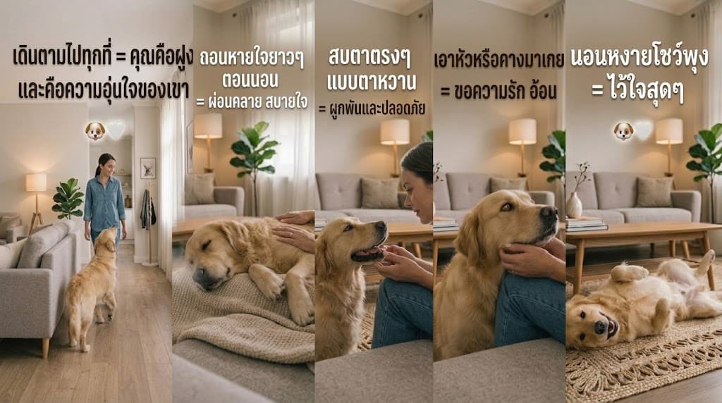 ภาพชุด 5 พฤติกรรมสุนัขพันธุ์โกลเด้น รีทรีฟเวอร์ แสดงความรักและความไว้ใจ ทั้งการเดินตาม ถอนหายใจผ่อนคลาย สบตา เอาคางเกย และนอนหงายโชว์พุง